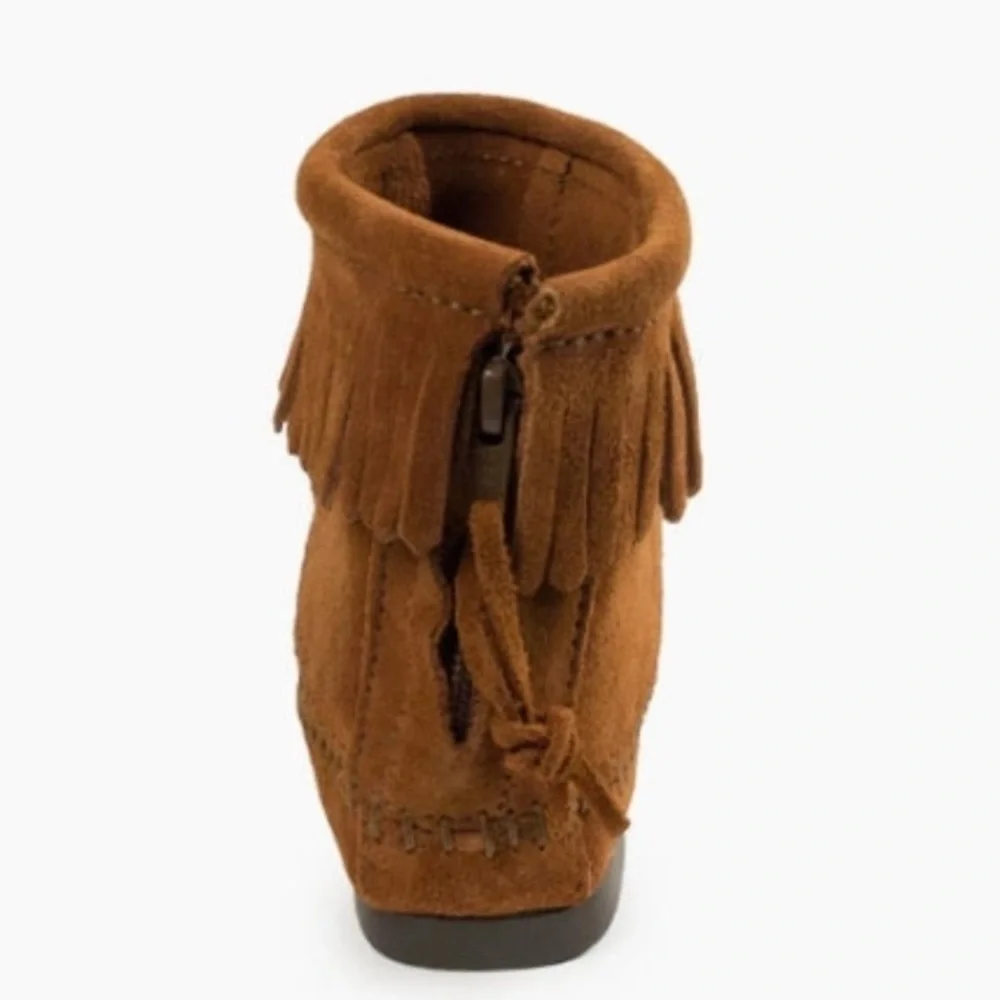 MINNETONKA Back Zip Hardsole Boot in Brown Suede